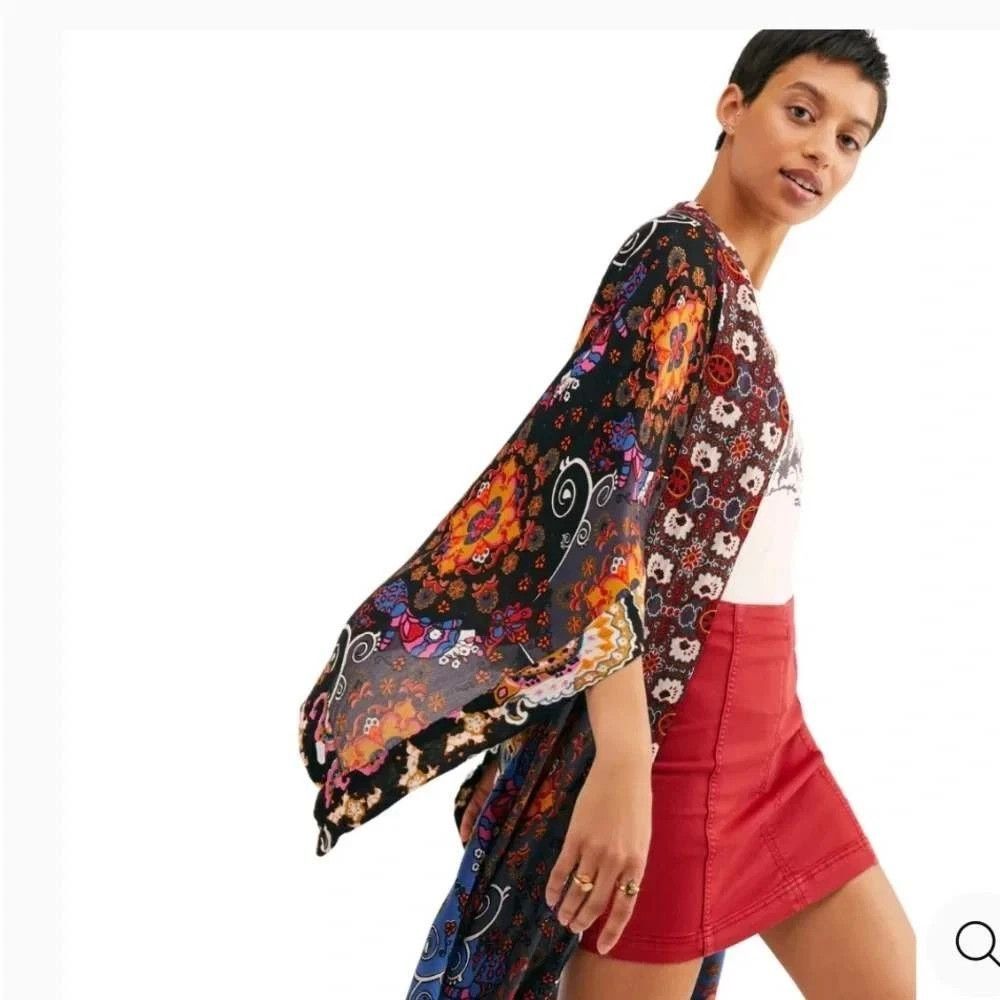 Free People Little Wing Mixed Print Kimono Duster OS Patchwork Bohemian Festival
